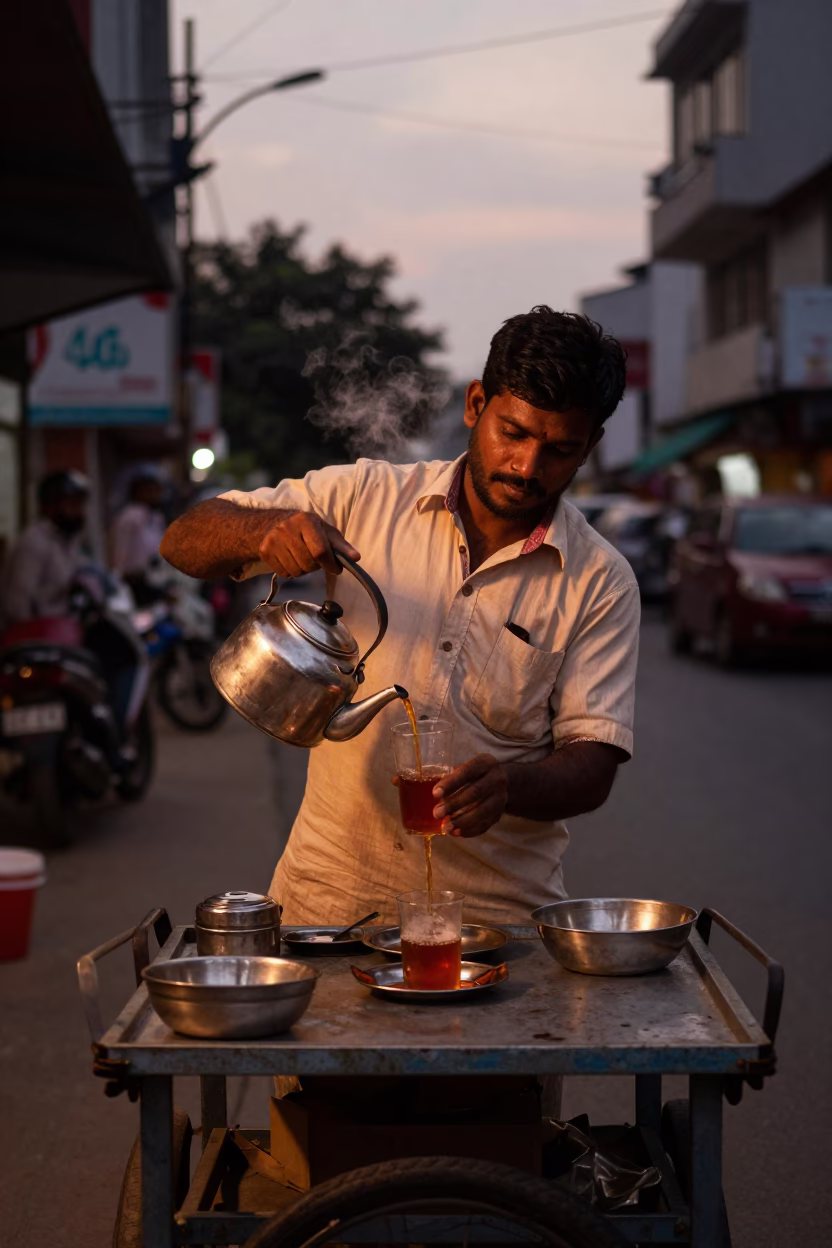 Hot Tea in Chennai at Copper-toned Light Before Dusk in in Chennai, India