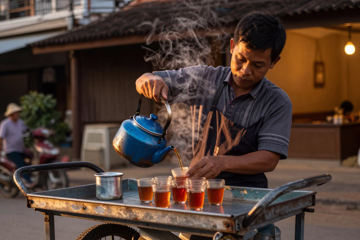 Hot Tea in Chiang Mai at Copper-toned Light Before Dusk in in Chiang Mai, Thailand
