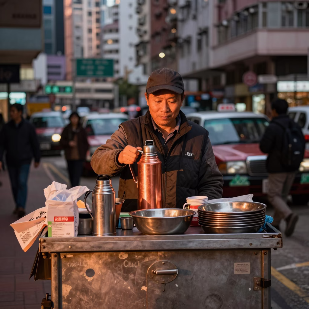 Hot Tea in Hong Kong at Copper-toned Light Before Dusk in in Hong Kong, Hong Kong