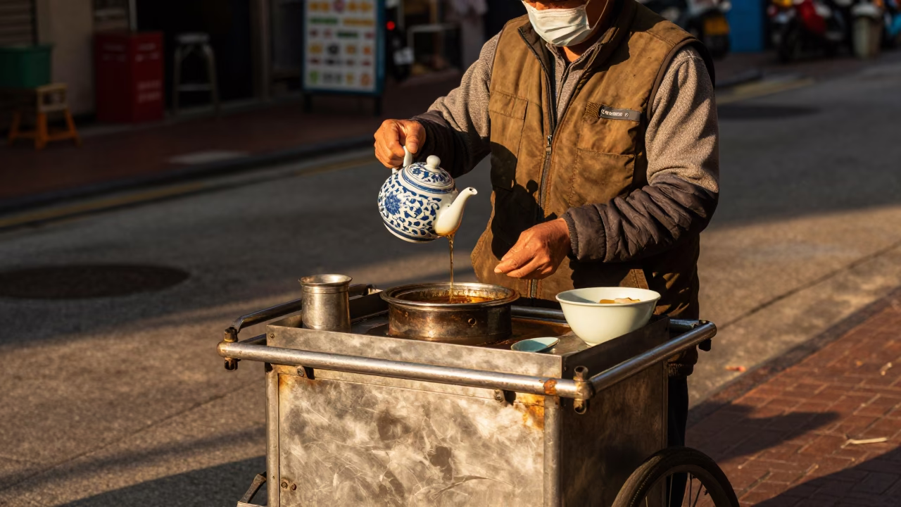 Hot Tea in Hong Kong at Honeyed Evening Light in in Hong Kong, Hong Kong