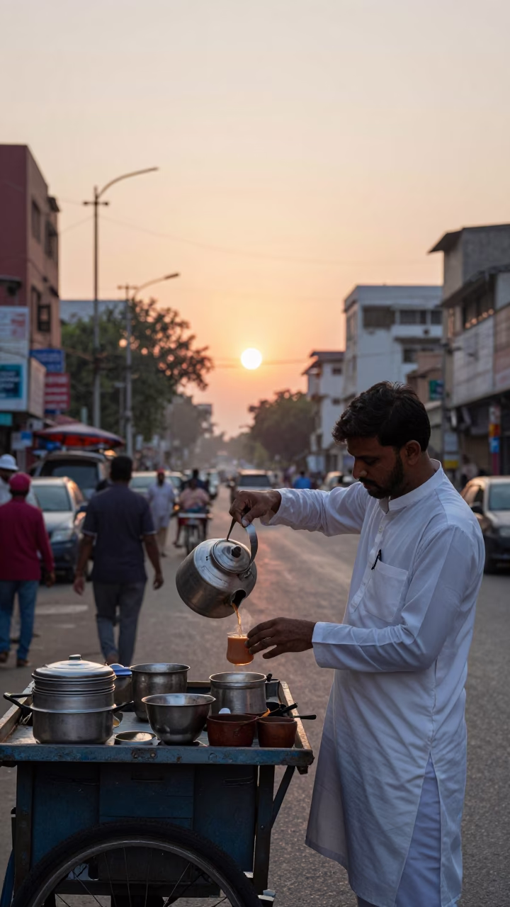 Hot Tea in Hyderabad at As The Sun Drops Toward The Horizon in in Hyderabad, India