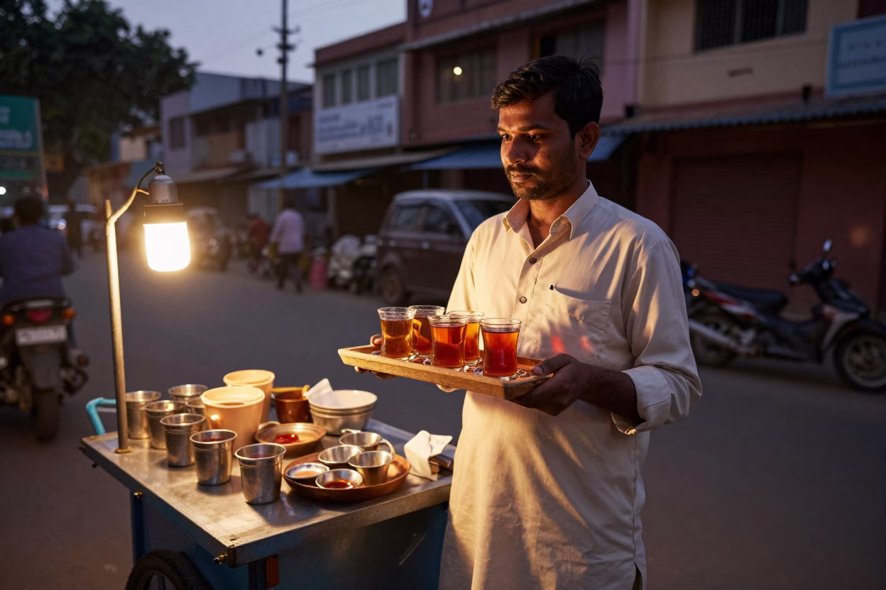 Hot Tea in Hyderabad at Copper-toned Light Before Dusk in in Hyderabad, India