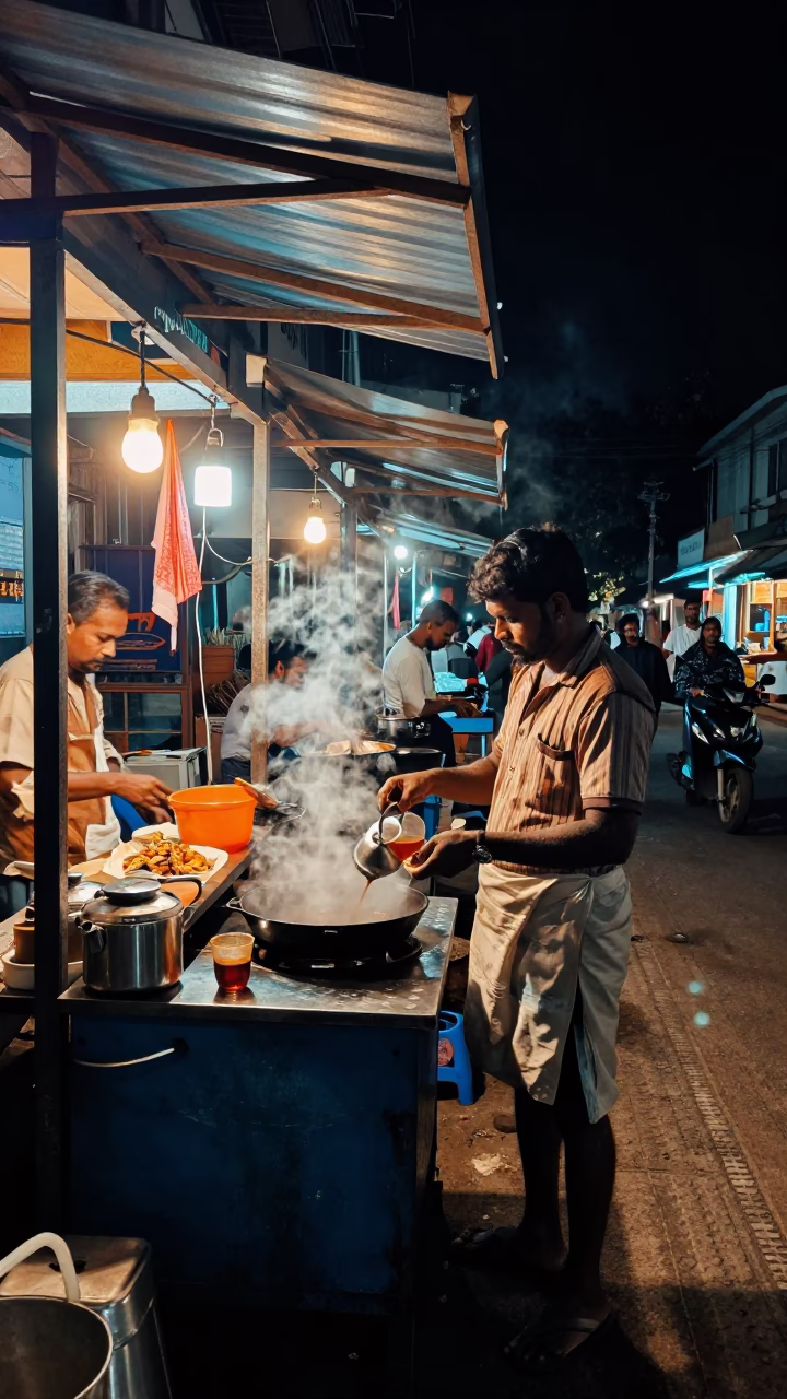 Hot Tea in Kochi at Deep In The Night Light in in Kochi, India