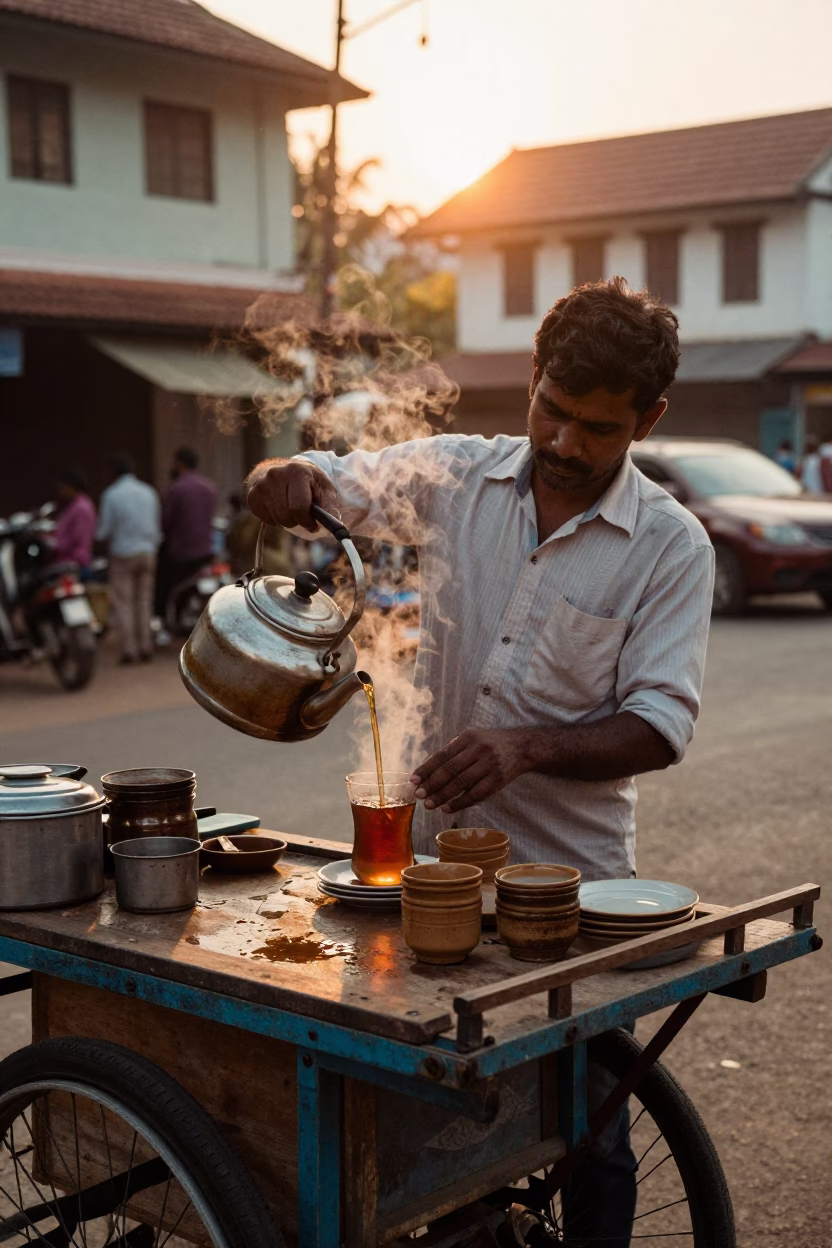 Hot Tea in Kochi at Honeyed Evening Light in in Kochi, India