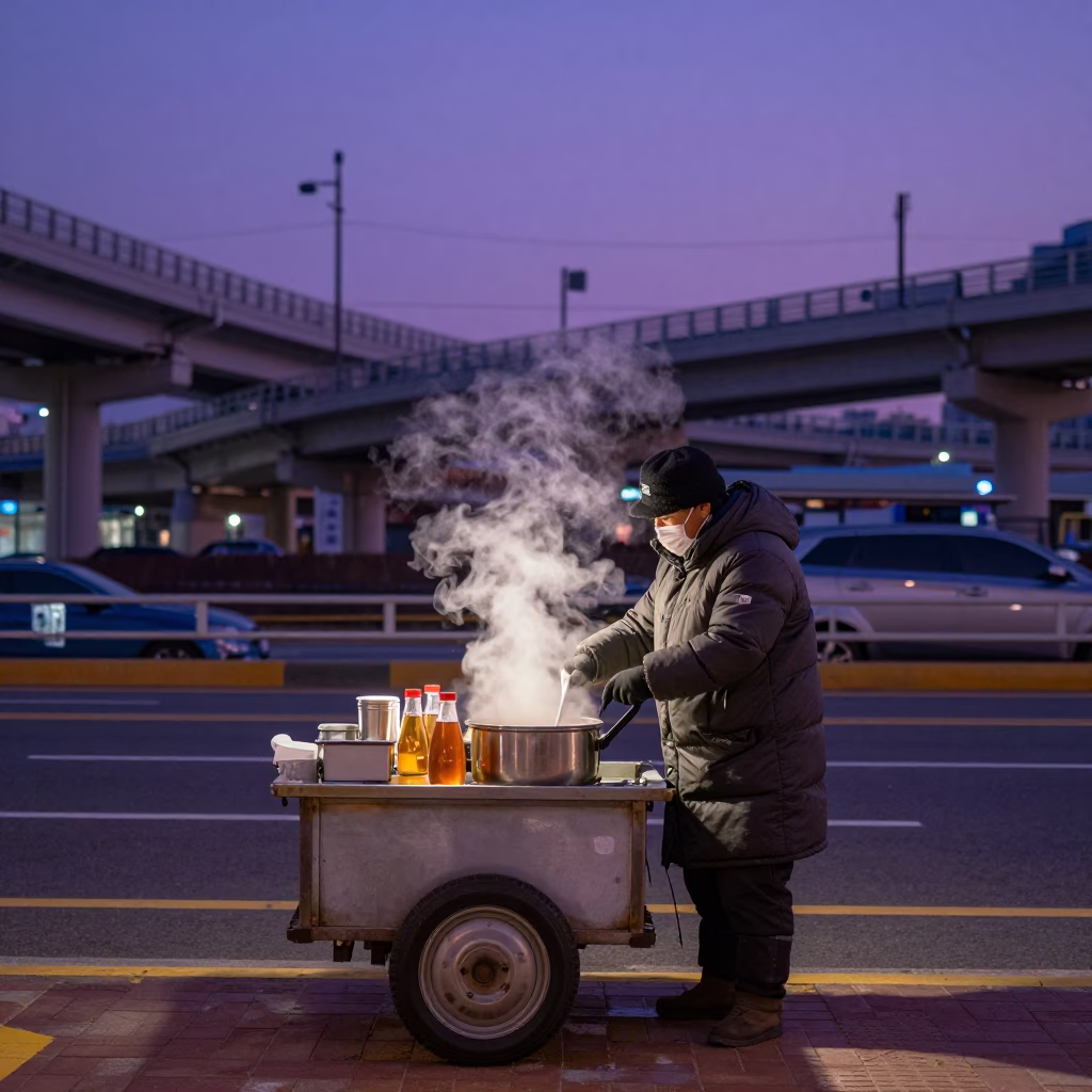 Hot Tea in Seoul at The Still Hours Before Dawn Light in in Seoul, South Korea