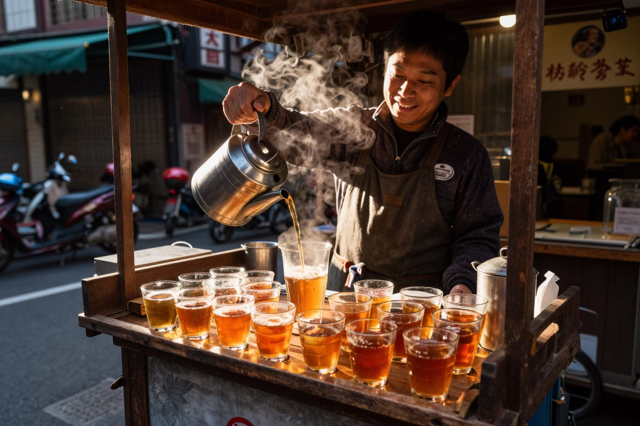 Hot Tea in Taipei at Honeyed Evening Light in in Taipei, Taiwan