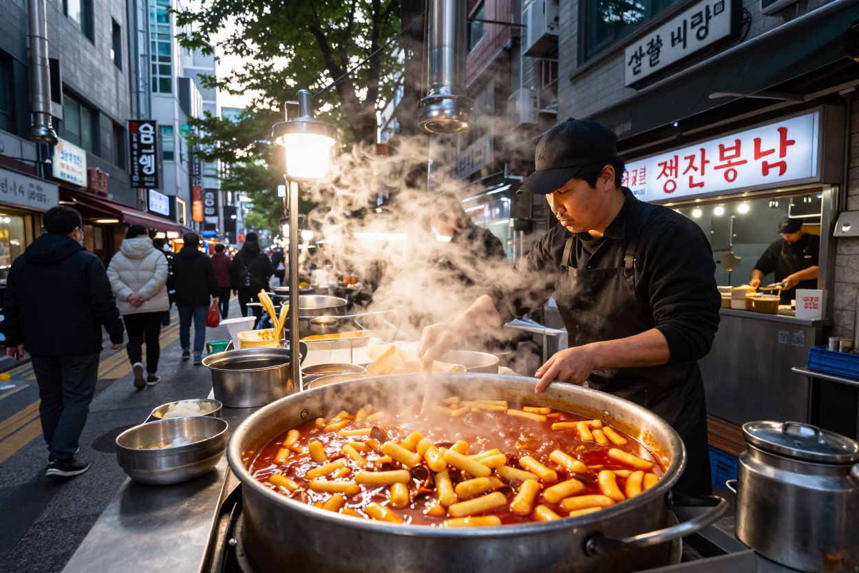 Hot Tteokbokki in Seoul at As First Light Reaches The Scene in in Seoul, South Korea