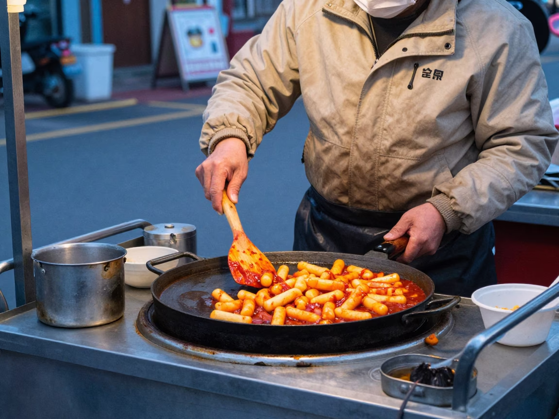 Hot Tteokbokki in Seoul at Sunrise Light in in Seoul, South Korea
