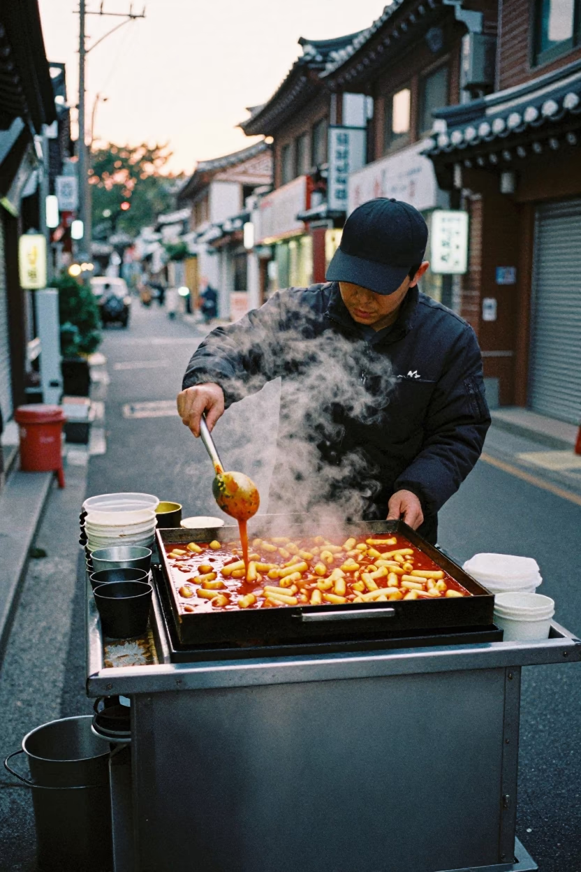 Hot Tteokbokki in Seoul at The Still Hours Before Dawn Light in in Seoul, South Korea