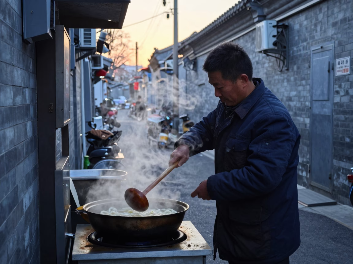 Hot Udon in Beijing at Sunrise Light in in Beijing, China