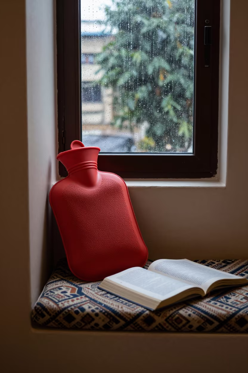 Hot Water Bottle and Book in Jeddah Nook in on a reading nook cushion in Jeddah