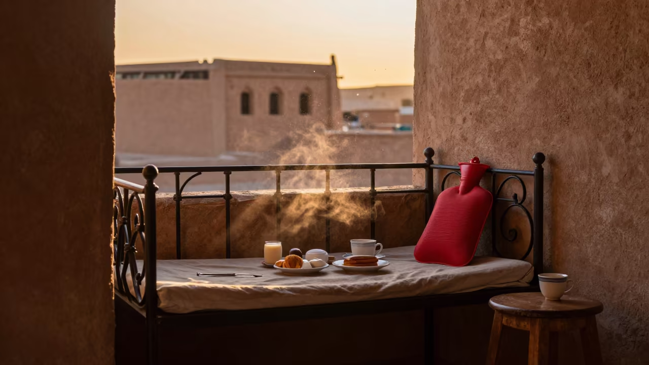 Hot Water Bottle on Iron Bed in Sanaa Nook in in a breakfast nook near Sanaa