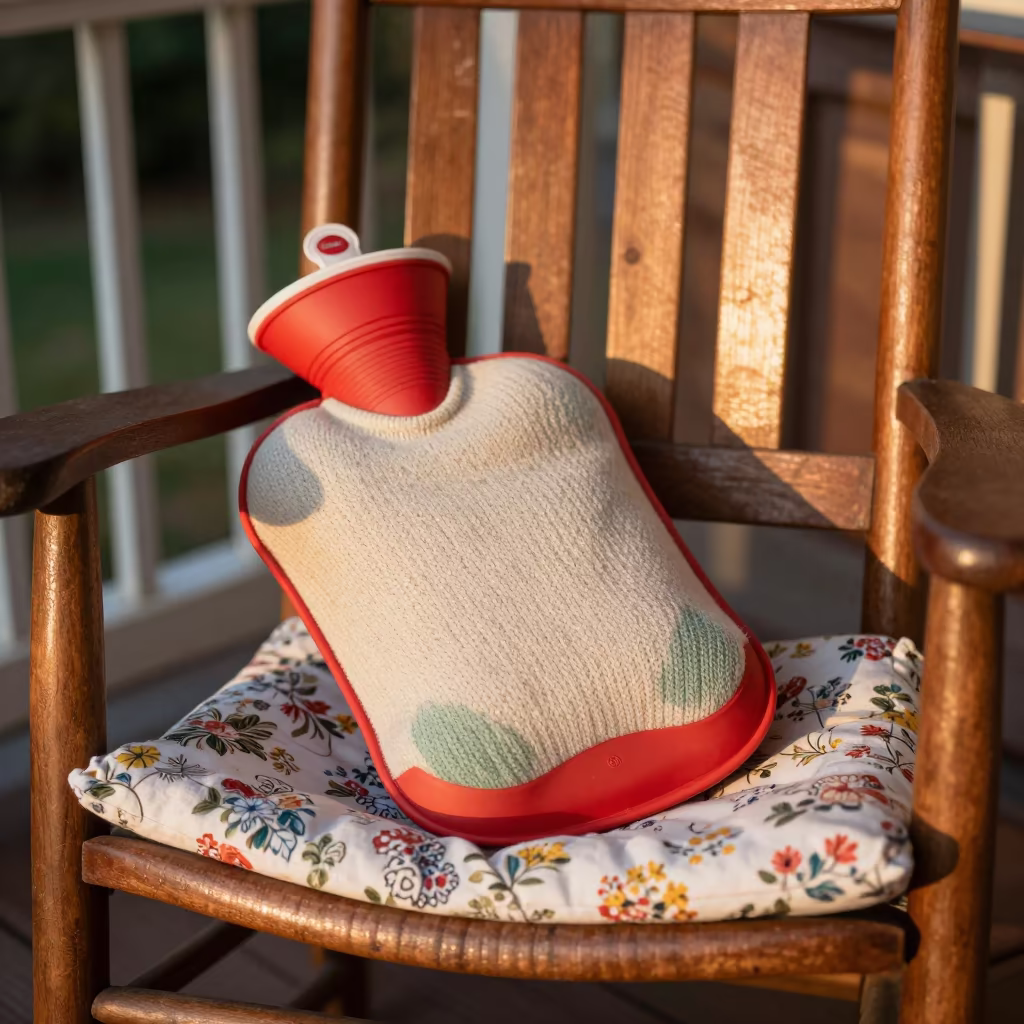 Hot Water Bottle Knitted Cover Porch Evening in on a porch with a rocking chair in Bradford