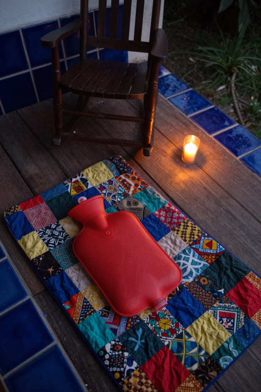 Hot Water Bottle Under Patchwork Quilt Porch Tlaquepaque in on a porch with a rocking chair in Tlaquepaque
