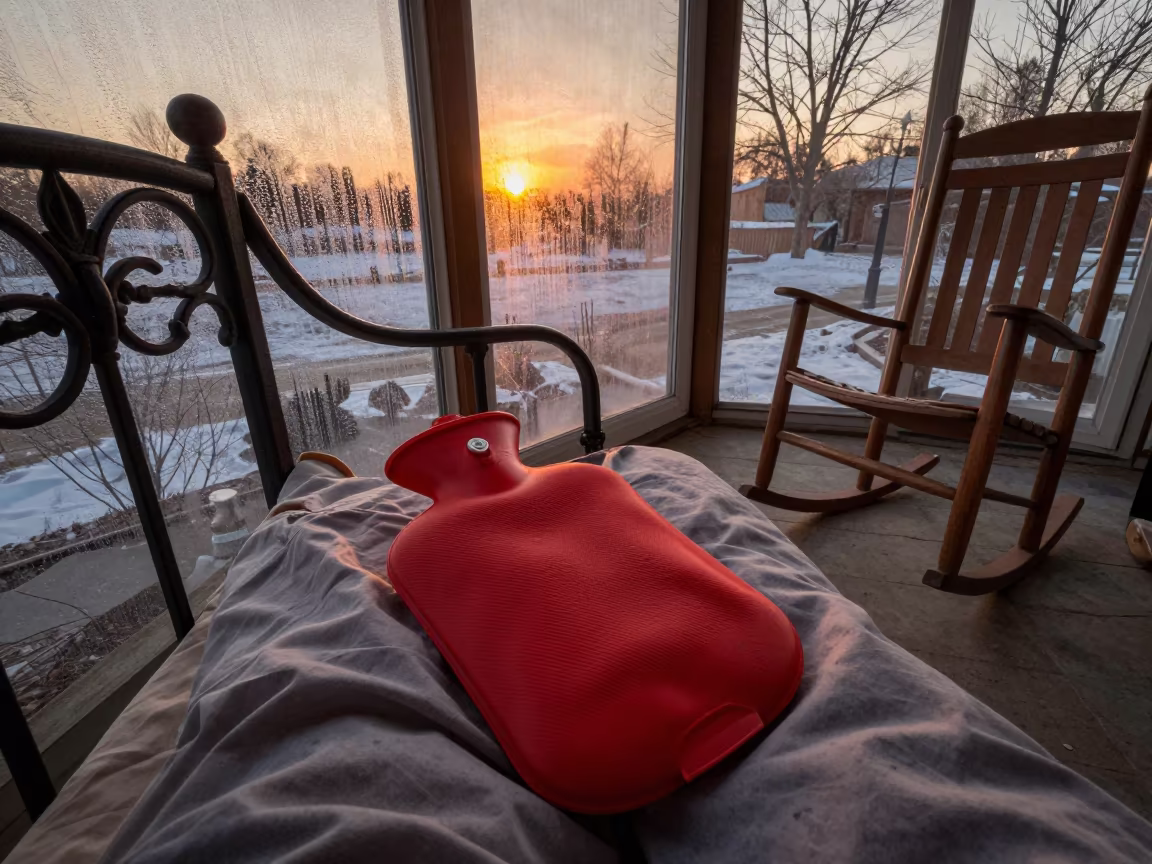 Hot Water Bottle on Porch Bed in Winter Light in on a porch with a rocking chair in Bradford