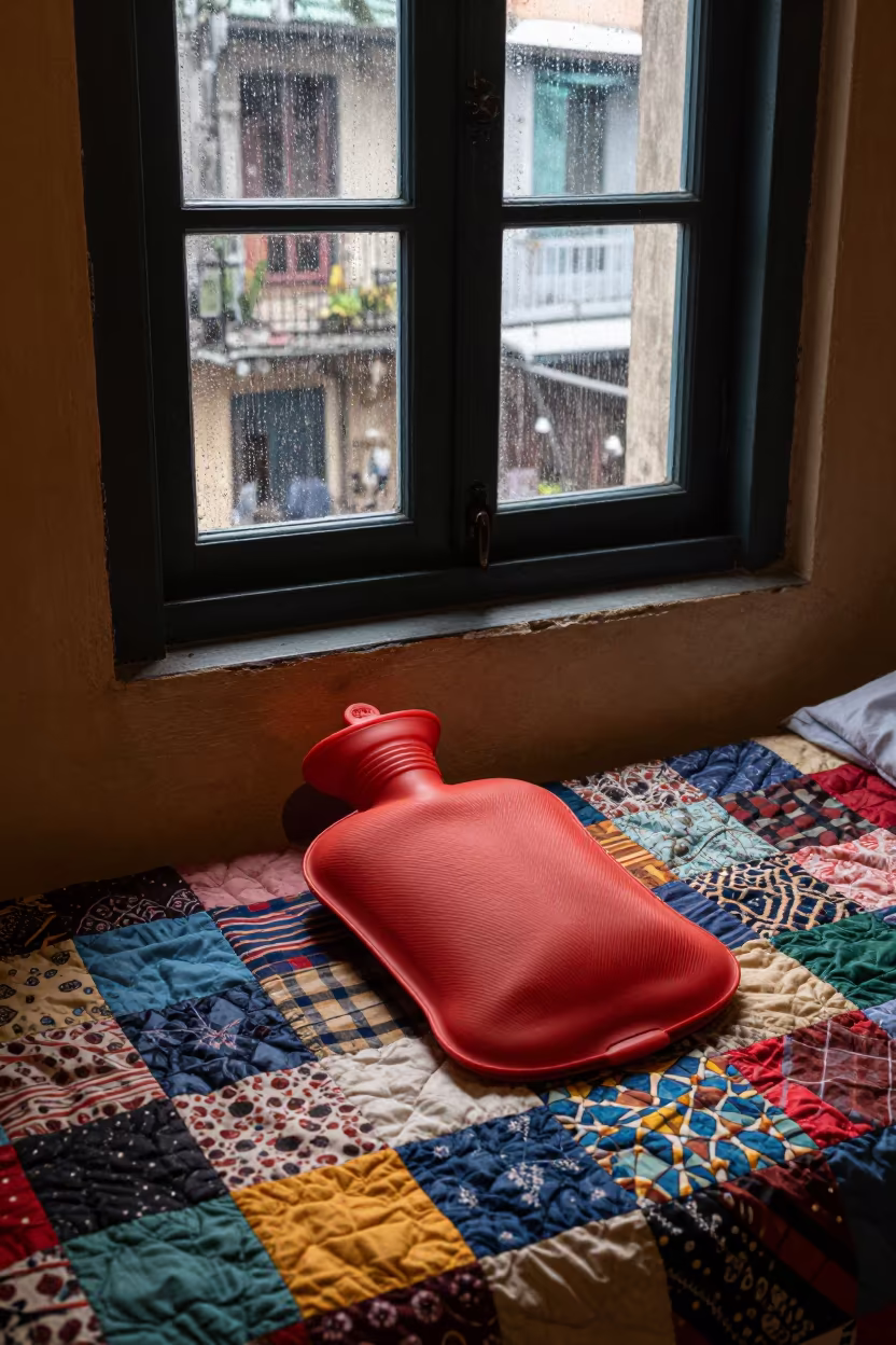 Hot Water Bottle Under Patchwork Quilt in beside a rain-streaked window near French Quarter, Hanoi