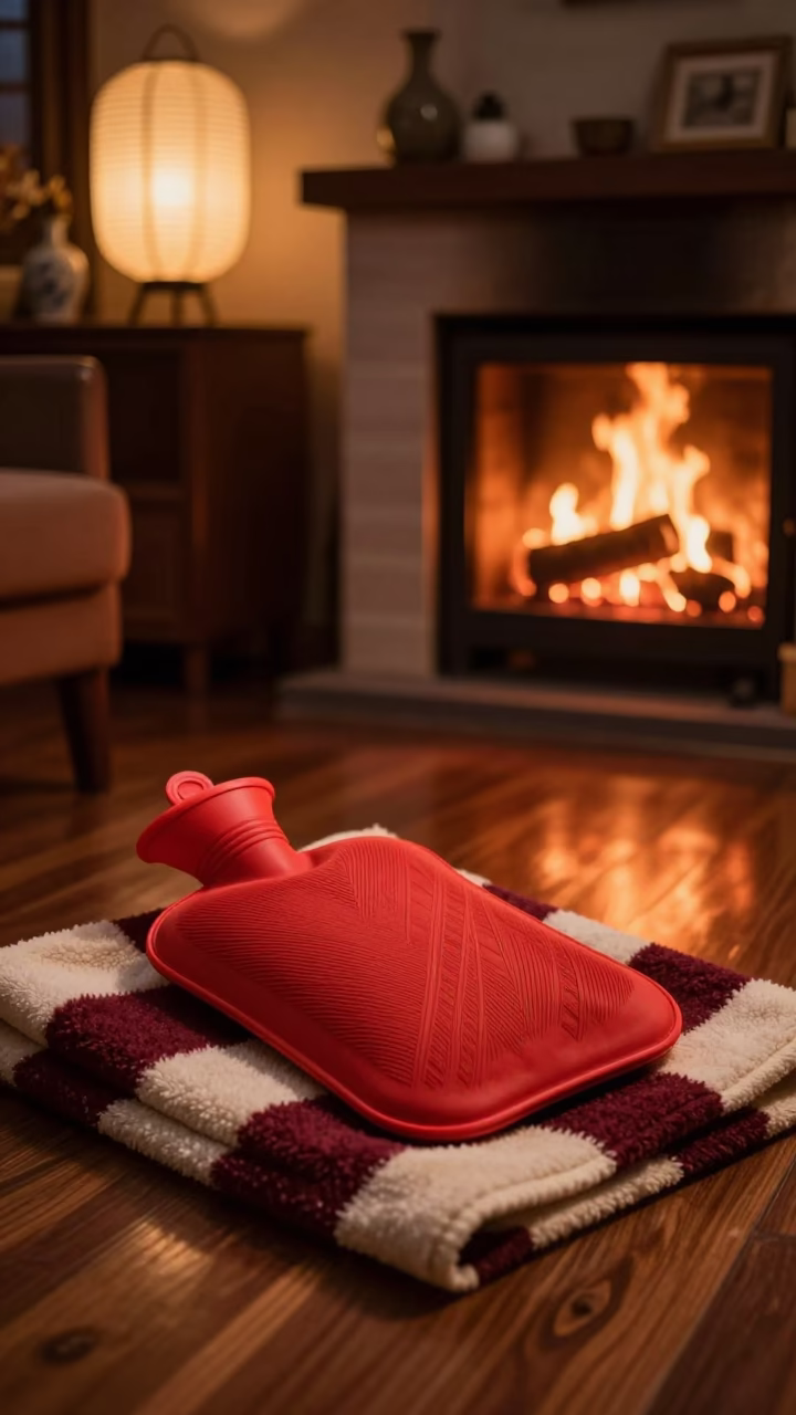 Hot Water Bottle on Wool Blanket in Yangon in by a crackling fireplace in Chinatown, Yangon
