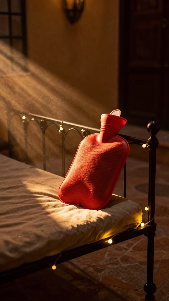 Hot Water Bottle on Wrought Iron Bed in on a reading nook cushion near Puebla