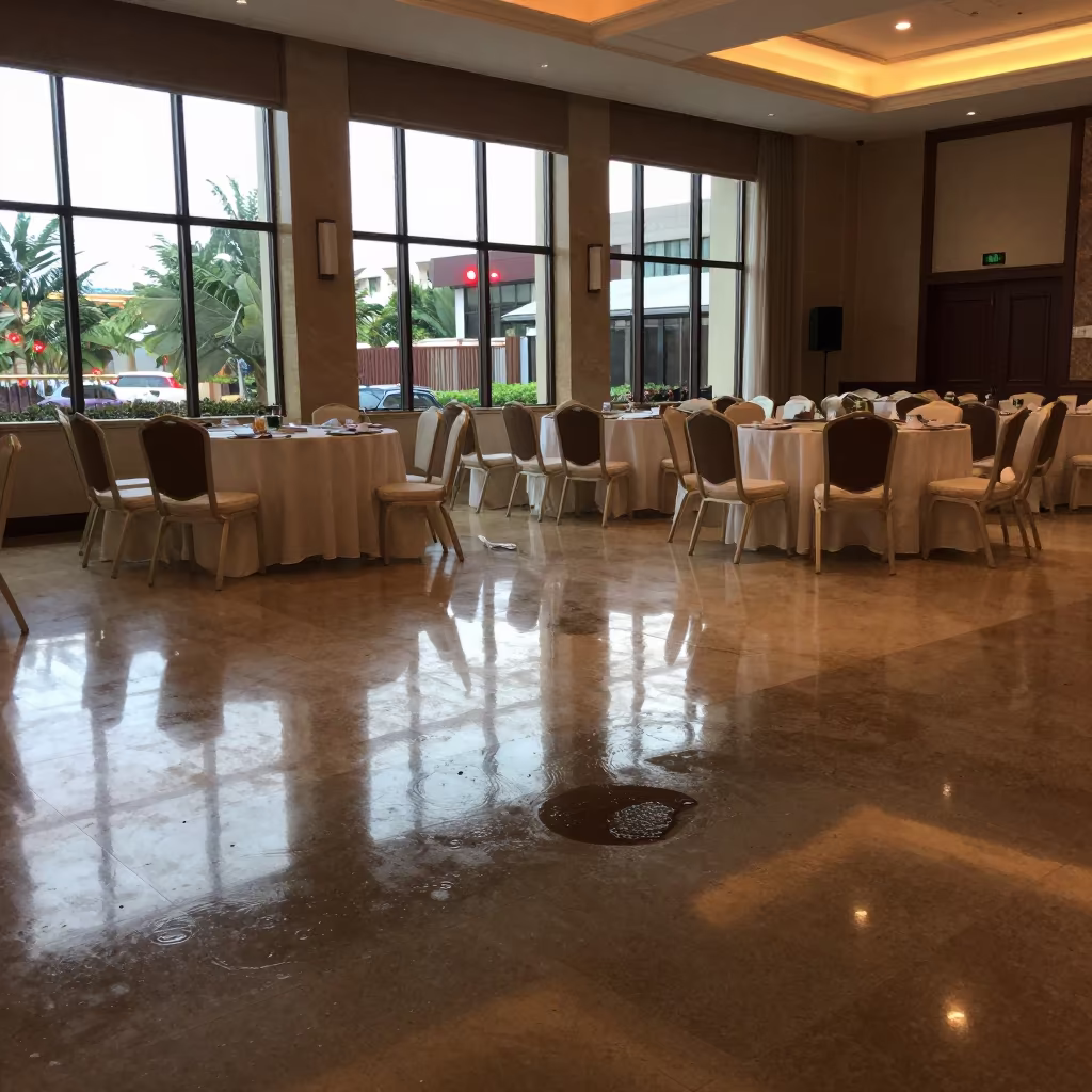 Hotel Banquet Puddle Reflection Noon Light in inside a banquet hall before service near Coro