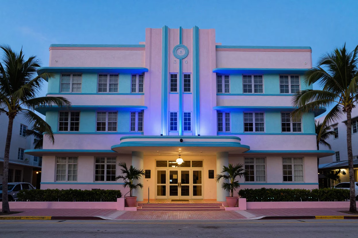 Hotel Entrance in Miami at The Last Blue Light Of Evening in in Miami, Florida, United States