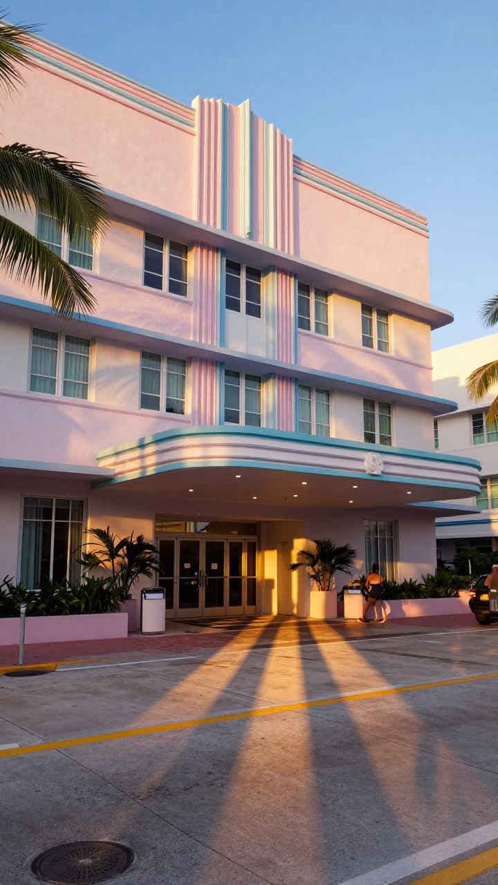Hotel Entrance in Miami at The Late Afternoon Light in in Miami, Florida, United States