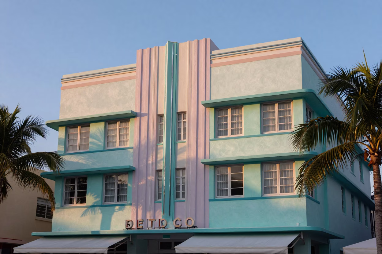 Hotel Exterior in Miami at Sunrise Light in in Miami, Florida, United States