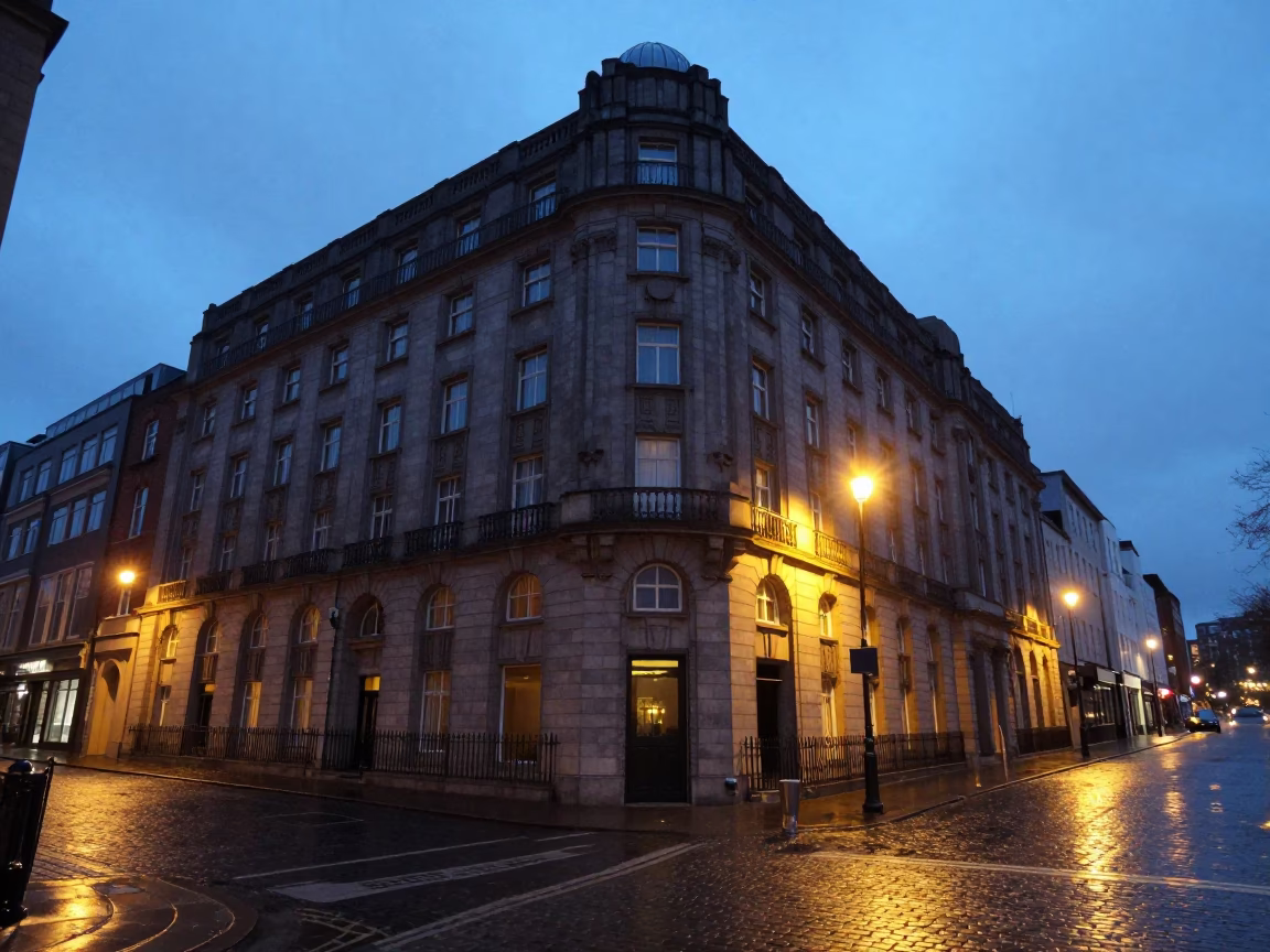 Hotel Facade in Dublin at Indigo Twilight After Sunset in in Dublin, Ireland