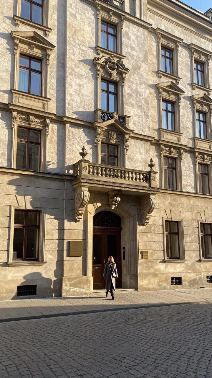 Hotel Facade in Krakow at As First Light Reaches The Scene in in Krakow, Poland