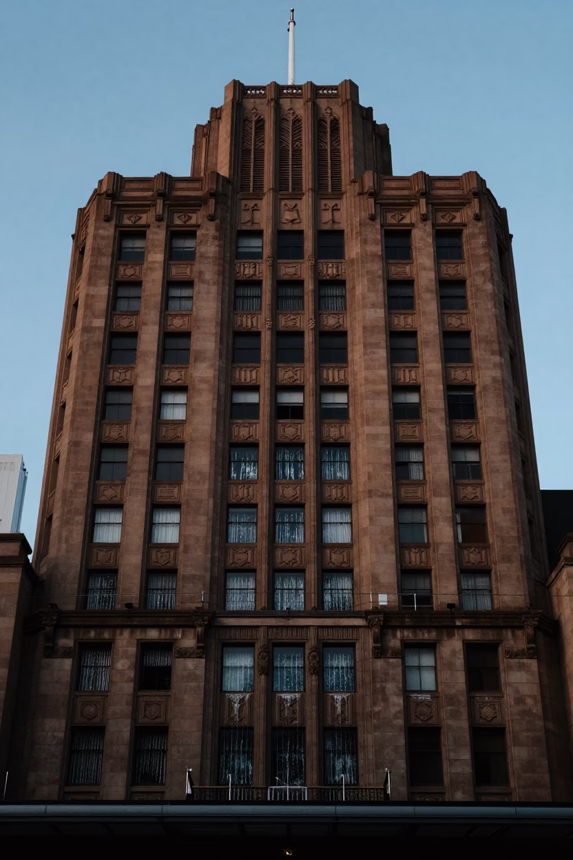 Hotel Facade in Melbourne at The Predawn Darkness Light in in Melbourne, Victoria, Australia