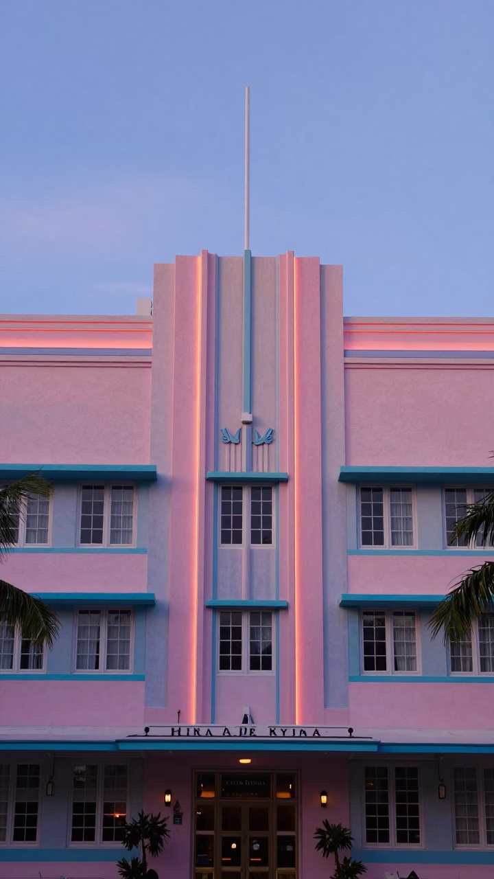 Hotel Facade in Miami at Nautical Dawn Light in in Miami, Florida, United States