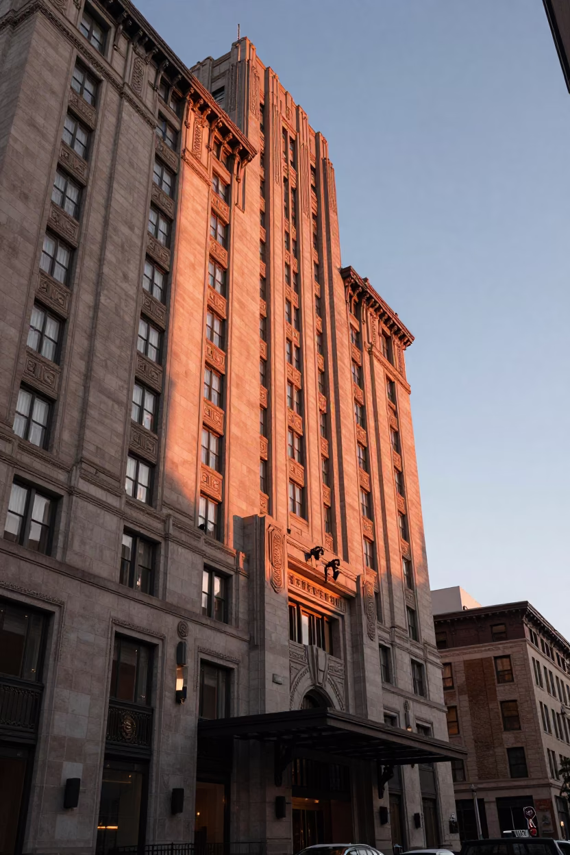 Hotel Facade in Montreal at Copper-toned Light Before Dusk in in Montreal, Quebec, Canada
