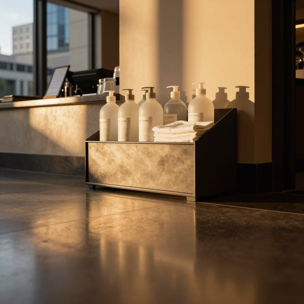 Hotel Housekeeping Caddy Refill Board Sunset in inside a hotel lobby in Federation Square, Melbourne
