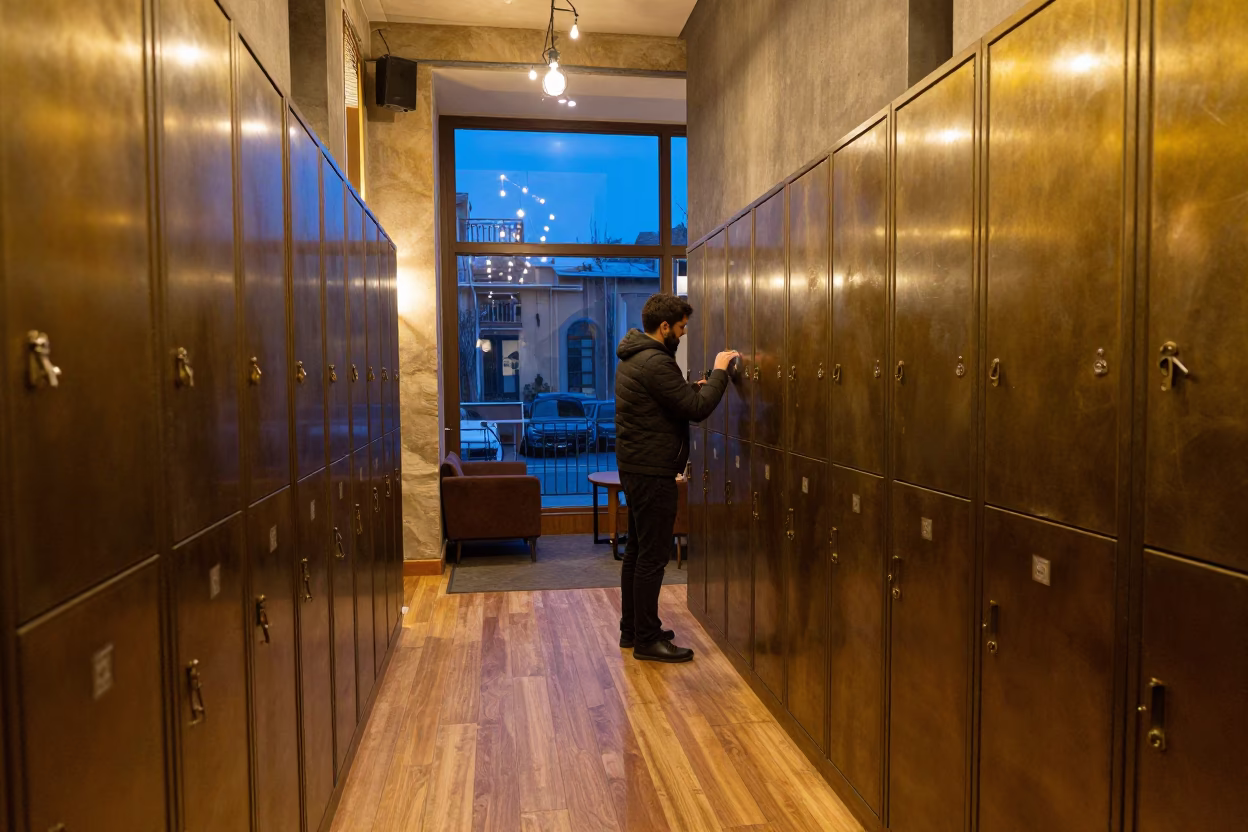Hotel Key Locker in Beirut Lobby Evening Light in inside a hotel lobby in Mar Mikhael, Beirut