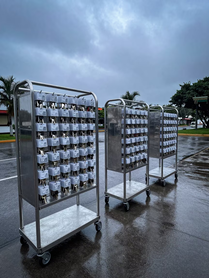Hotel Key Packet Rack at Predawn Trujillo Monsoon in along a hotel drop-off lane with polished carts lined up in Trujillo