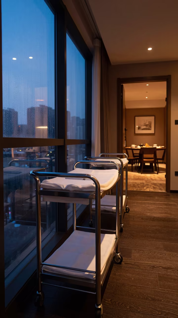 Hotel Linen Cart in Blue Hour Chongqing Breakfast Room in inside a breakfast room before opening in Chongqing