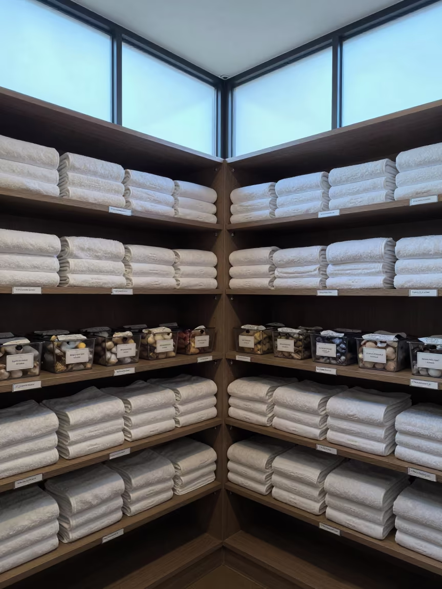 Hotel Linen Closet with Par Levels and Towels in inside a hotel lobby near Masvingo