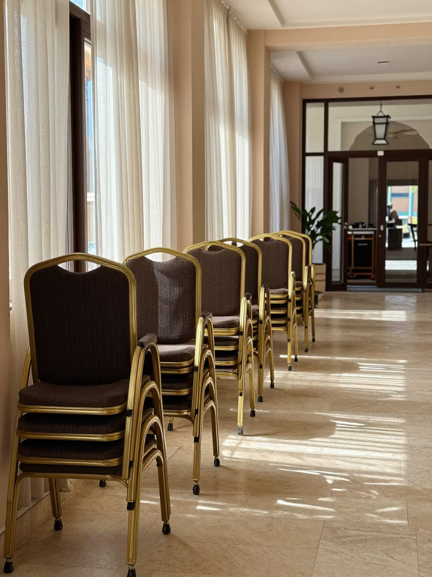 Hotel Lobby Banquet Chairs Before Opening in inside a hotel lobby in Agadir