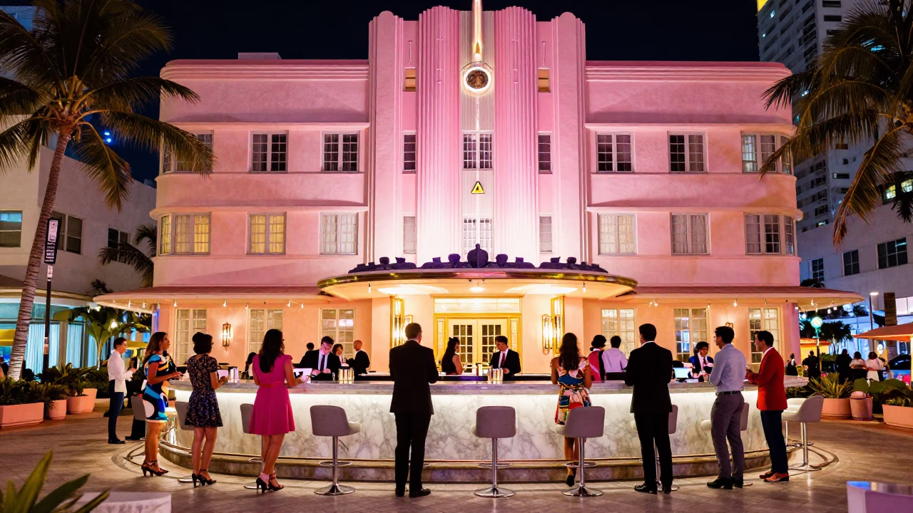 Hotel Lobby in Miami at As City Lights Begin To Glow in in Miami, Florida, United States