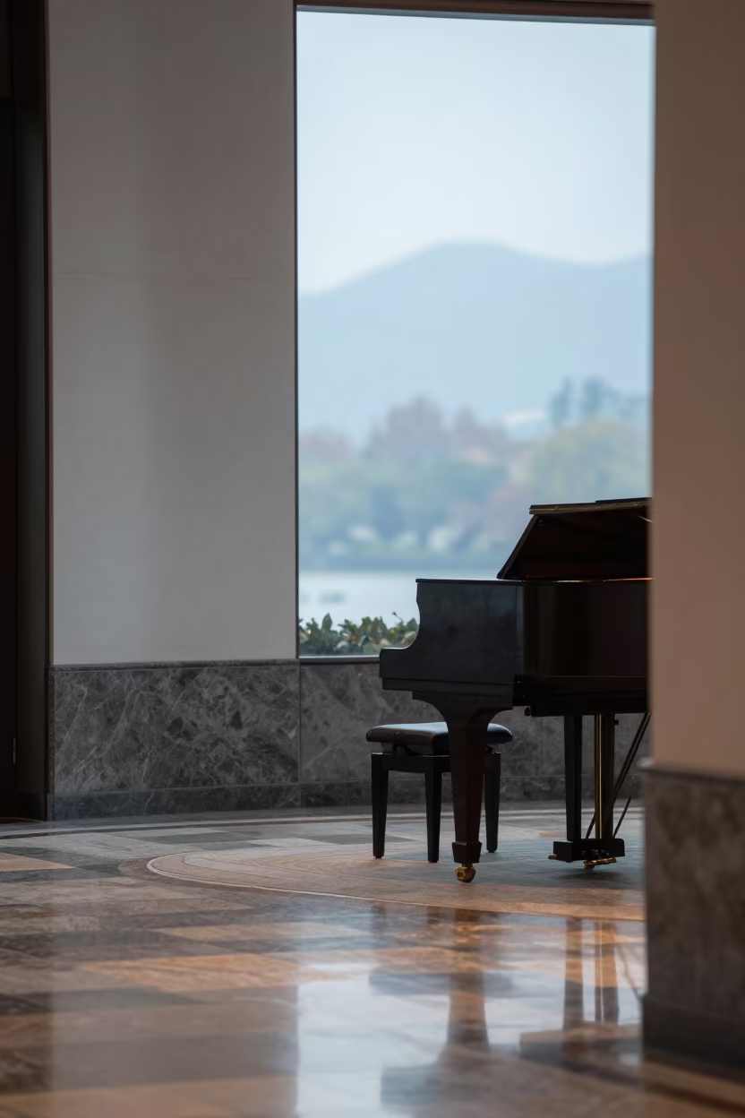 Hotel Lobby Piano Corner Before Banquet Service in inside a banquet hall before service near Hangzhou