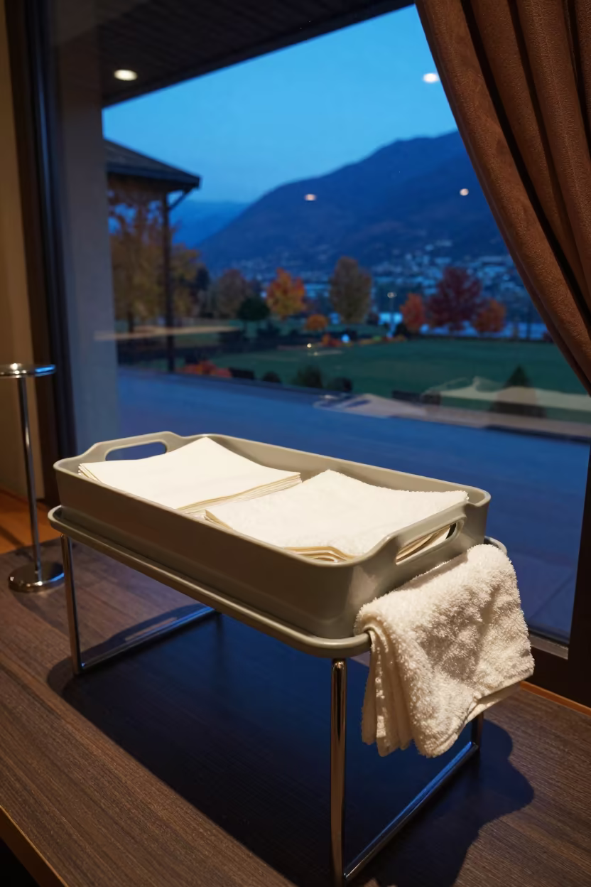 Hotel Lobby Service Tray with Paper and Cloth in inside a hotel lobby in Lugano