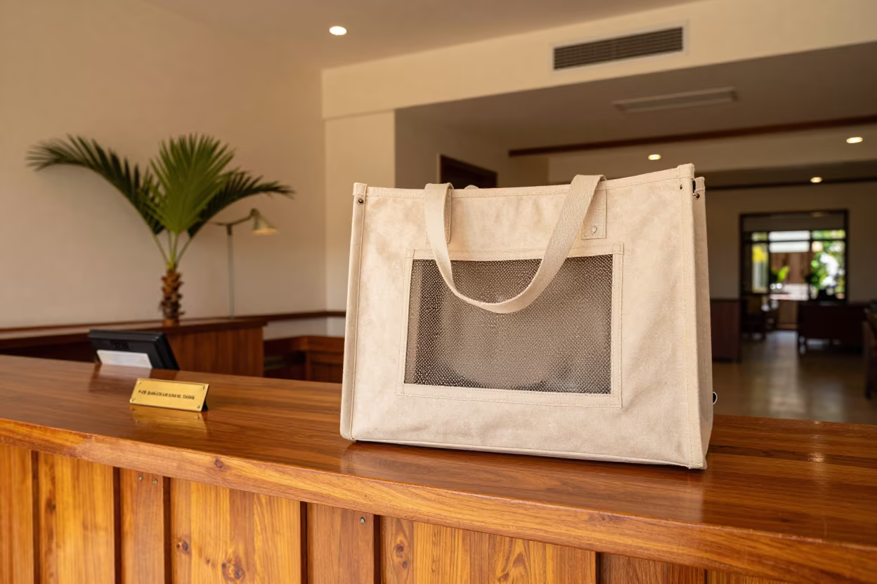 Hotel Pet Tote at Reception Desk Dar es Salaam in at a reception desk under warm light in Dar es Salaam
