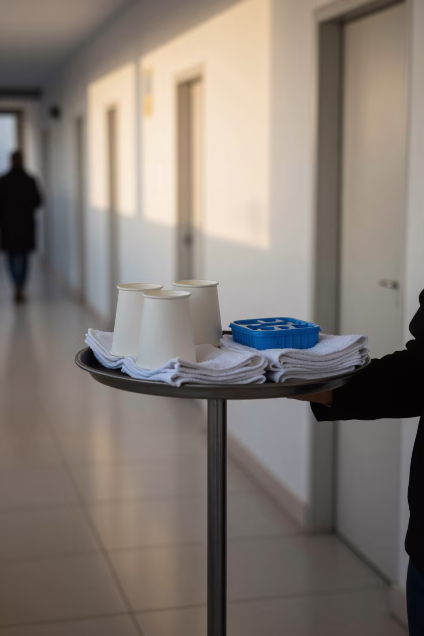 Hotel Service Tray in Assilah Corridor in in a quiet guest corridor near Assilah