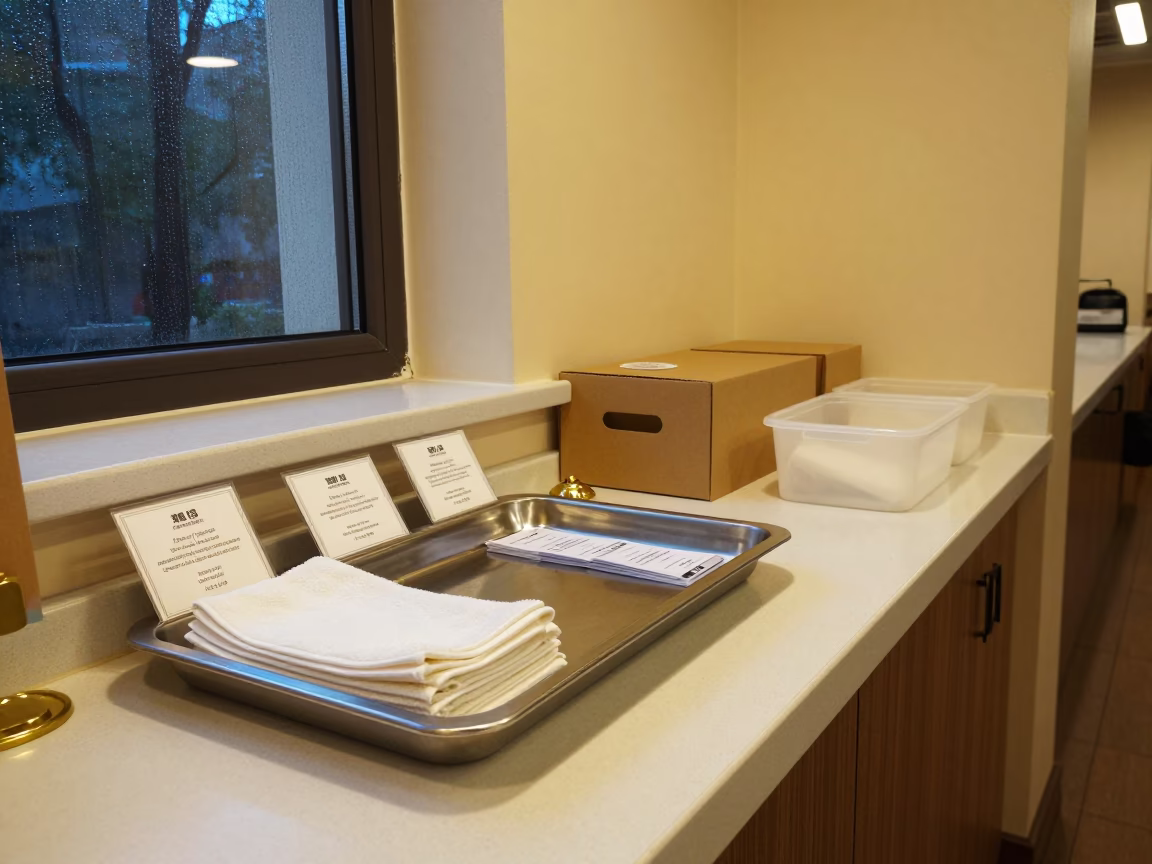 Hotel Service Tray Under Neon Light in inside a breakfast room before opening near Changchun