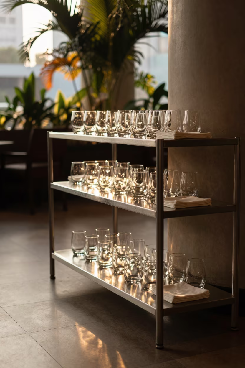 Hotel Tray Return Shelf in Amber Sunset Light in inside a hotel lobby in Kuala Lumpur