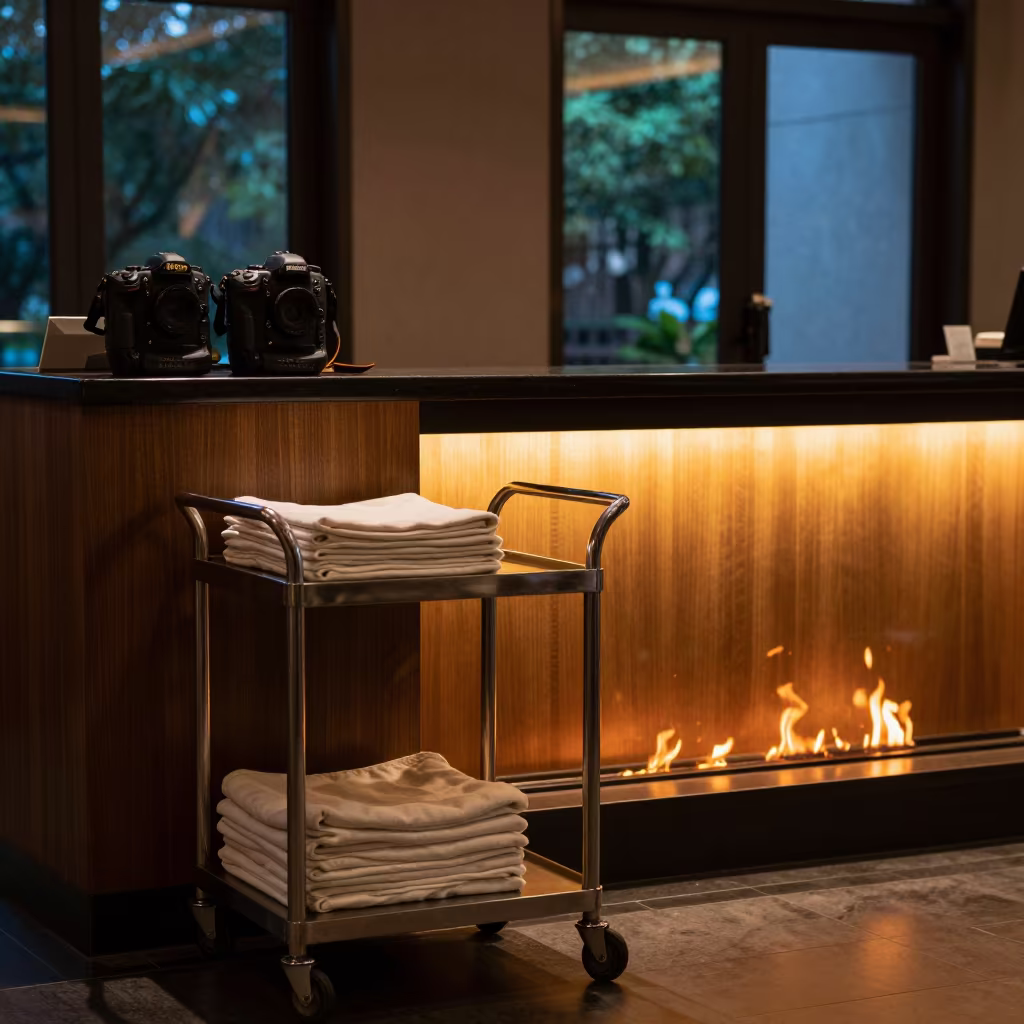 Hotel Turn-Down Cart At Reception Desk in at a reception desk under warm light in Hangzhou