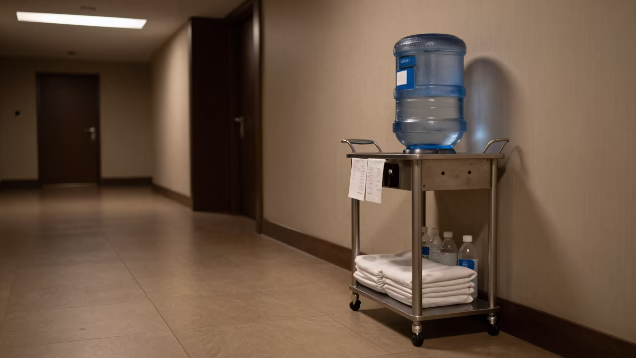 Hotel Water Refill Trolley Before Dawn in inside a hotel lobby near Jalapa