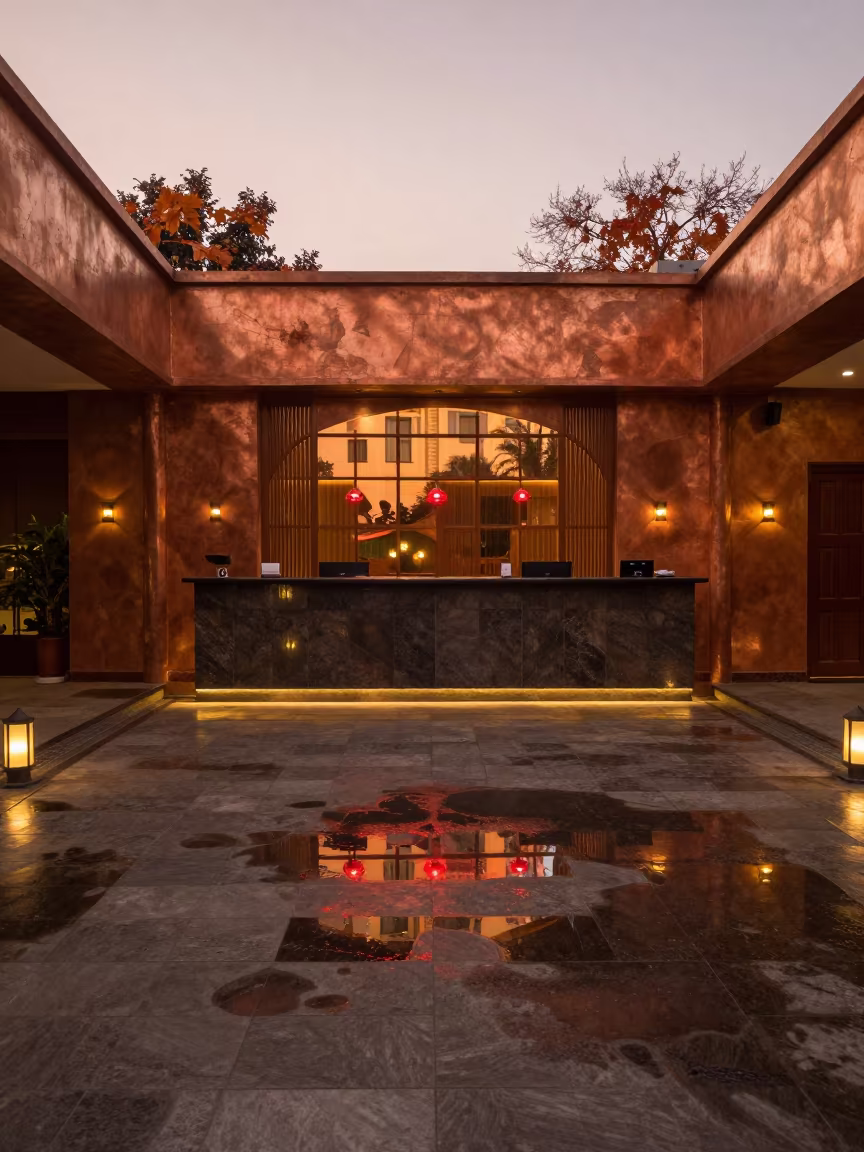 Hotel Window Reflection in Spa Puddle in inside a spa reception near Sargodha