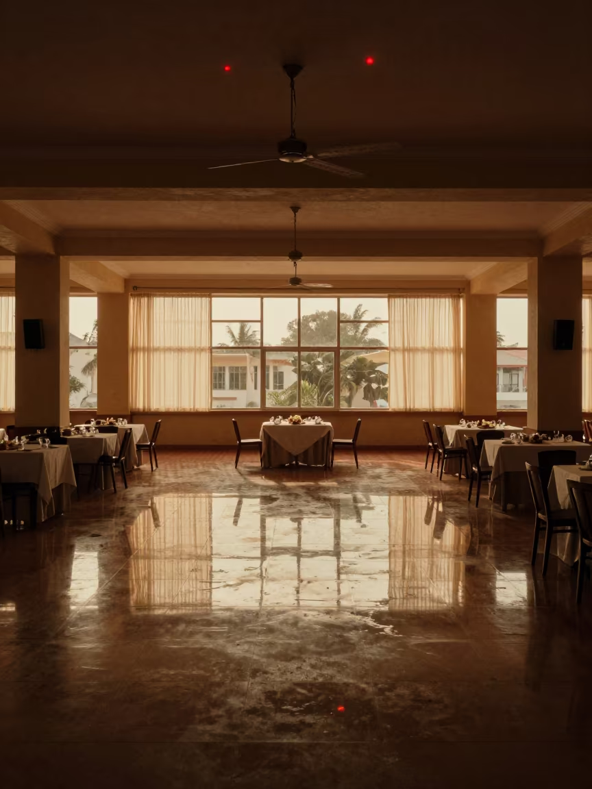 Hotel Window Reflections in Banquet Hall Puddle in inside a banquet hall before service in Bamako