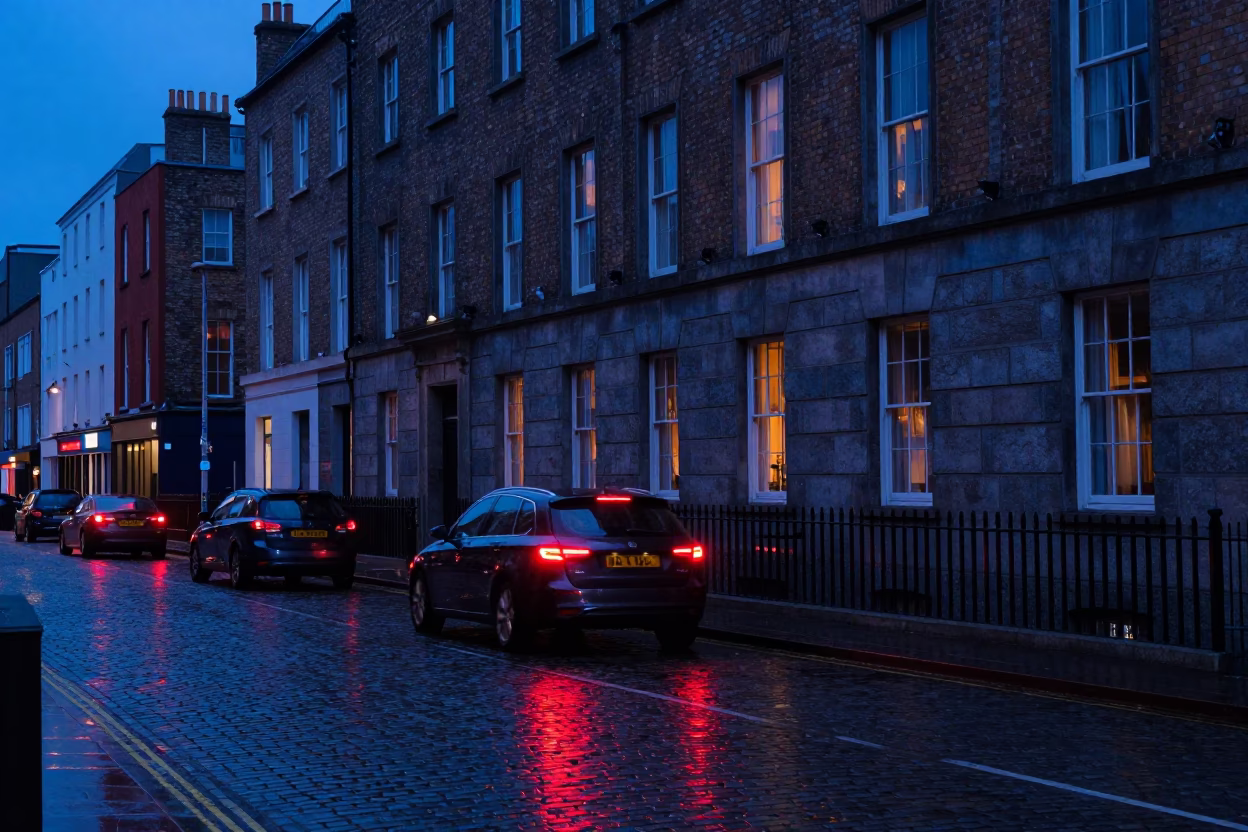 Hotel Windows And Red Tail Lights in Dublin in in Dublin, Ireland