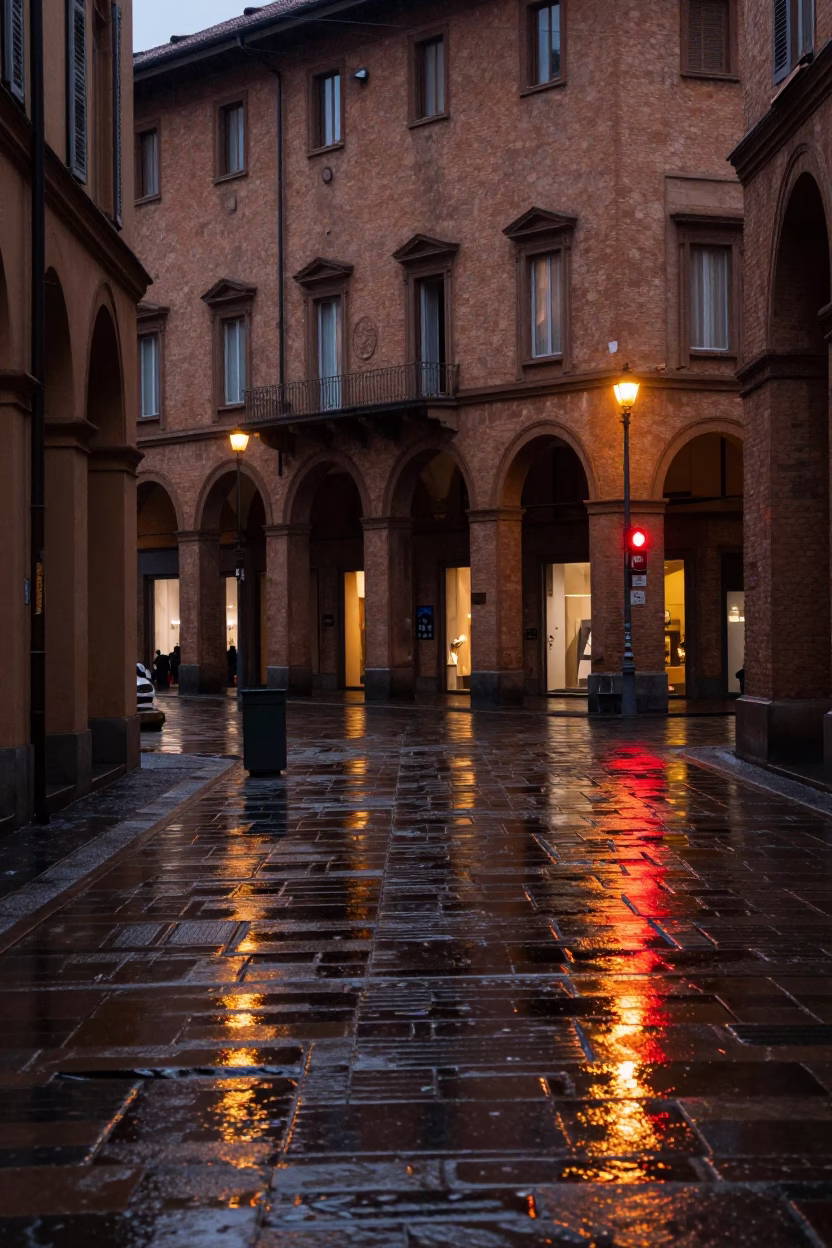 Hotel Windows And Red Tail Lights Street Scene in Bologna in in Bologna, Italy